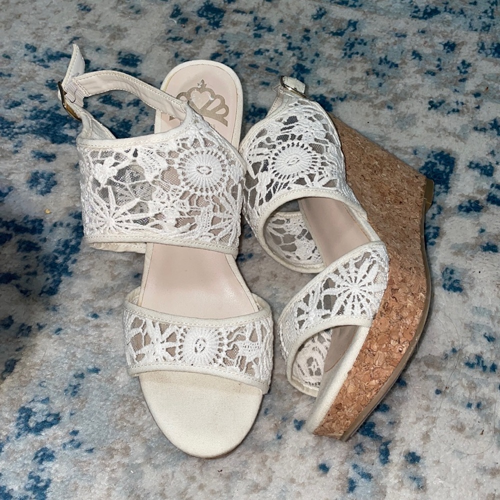 Fergalicious white lace wedges